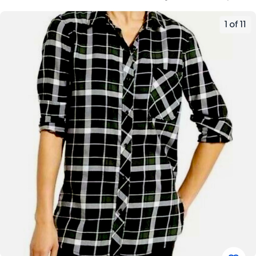 Atleta womens button up short black green white plaid pocket collared long